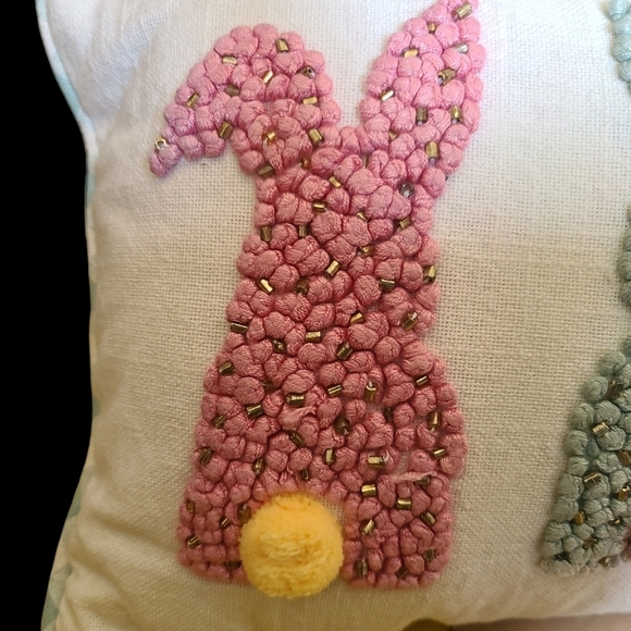 Sparkly Beaded Embroidered Easter Bunny Reversible Check 14" Throw Pillow Decor - Picture 3 of 8